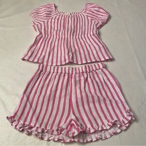 Crewcuts Girls Pink/White Shimmer Striped Gauze Peplum Top and Shorts- NWT- 6-7
